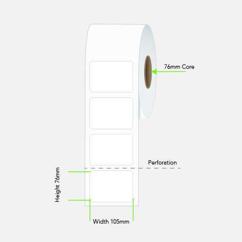 105 by 76 mm white label on a 76 mm core, 1,500 per roll, no ribbon needed.