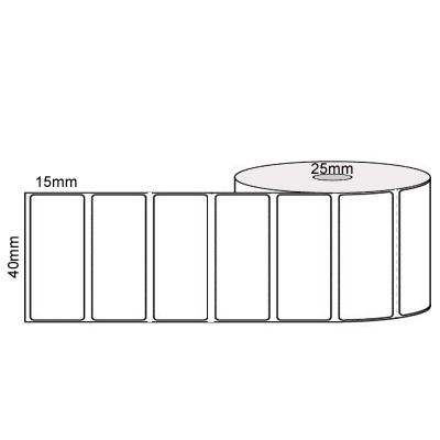 40 by 15 mm white label, 1,000 per roll, no ribbon needed.