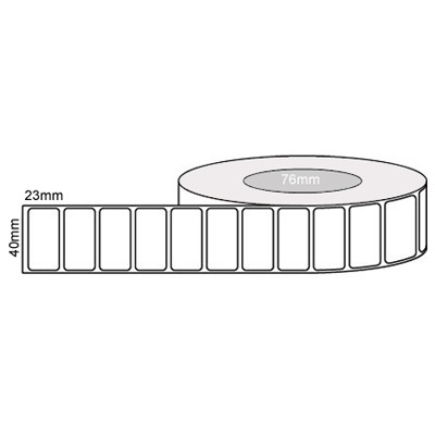 40 by 23 mm white label, 3,000 per roll, printed with a ribbon.