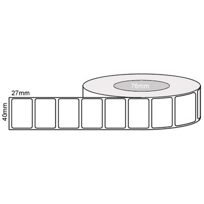 40 by 27 mm white label, 4,000 per roll, printed with a ribbon.