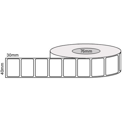 40 by 30 mm white label, 2,500 per roll, printed with a ribbon.