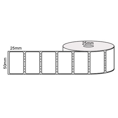 50 by 25 mm white label, 500 per roll, no ribbon needed.