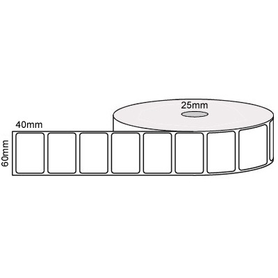 60 by 40 mm white label, 1,500 per roll, printed with a ribbon.