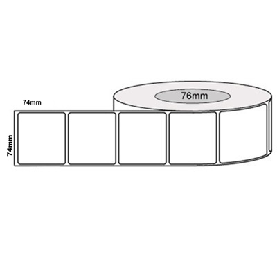 74 by 74 mm white label, 2,500 per roll, printed with a ribbon.