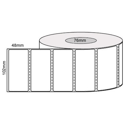 102 by 48 mm white label, 3,000 per roll, printed with a ribbon.
