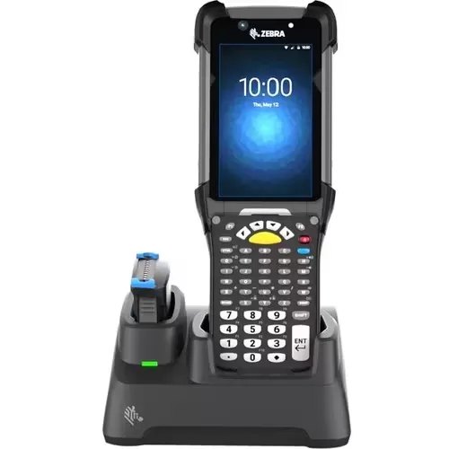 A Zebra MC9400 sitting in a CRD-MC93 single-slot charging cradle, with a spare
                  battery charging in the second bay