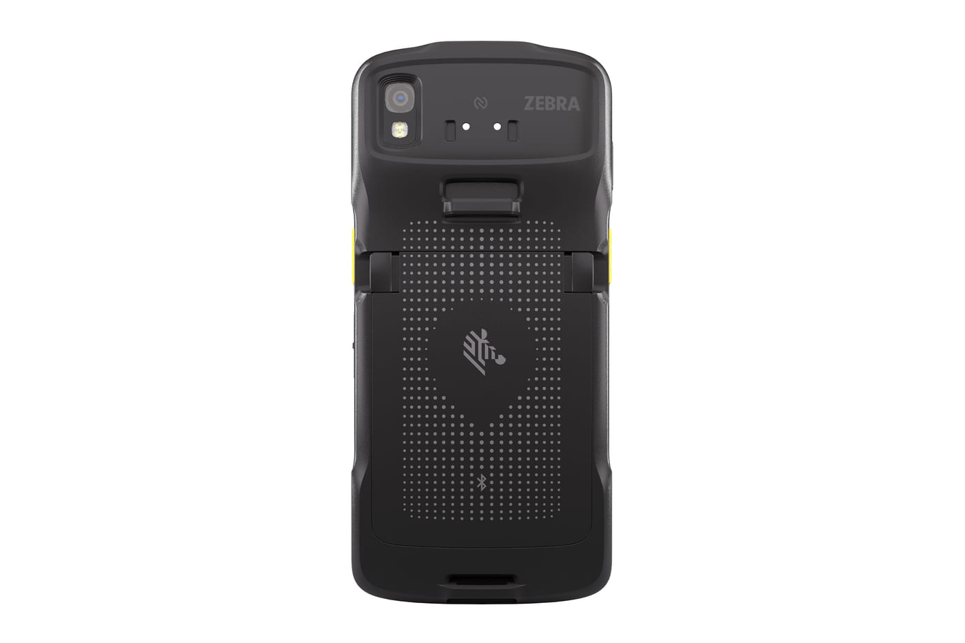 The back of a Zebra TC22, showing the camera, the battery door and the
                    charging contacts.