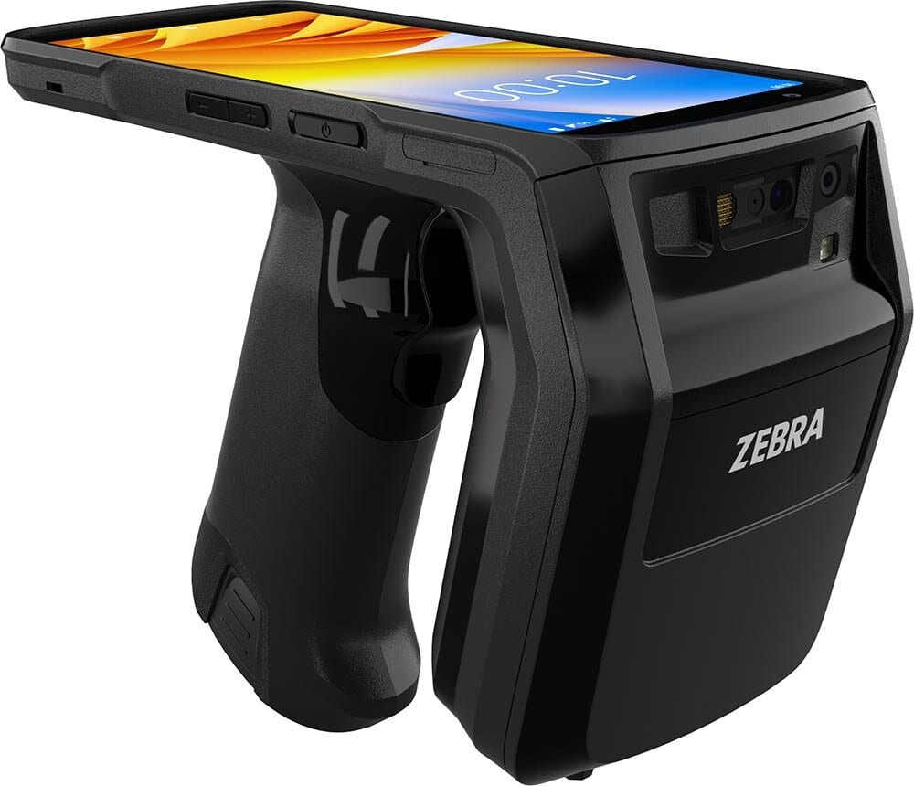 Zebra TC22R integrated handheld RFID reader seen from behind, showing the
                    gun grip and the reader built into one body with the touchscreen.