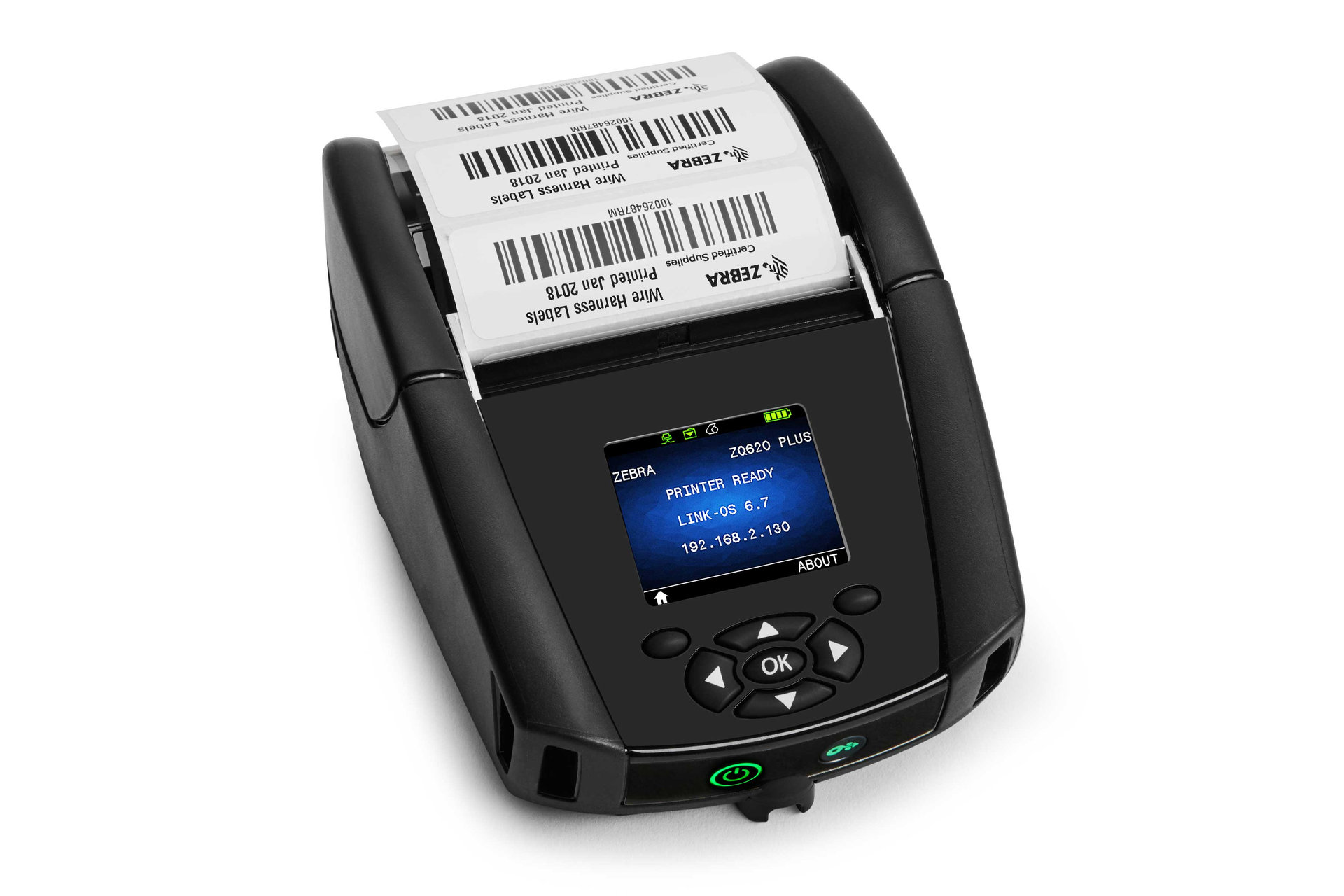 A Zebra ZQ620 Plus mobile printer on a white background, its colour display reading PRINTER READY, with printed barcode labels feeding out of the top.
