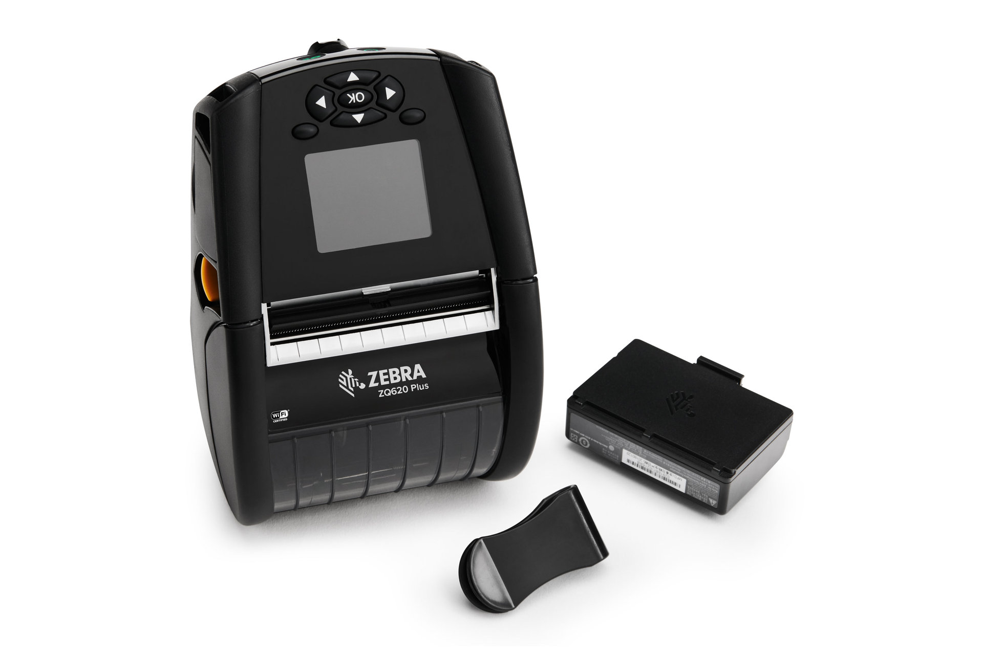 A Zebra ZQ620 Plus beside the battery and the belt clip supplied with it.