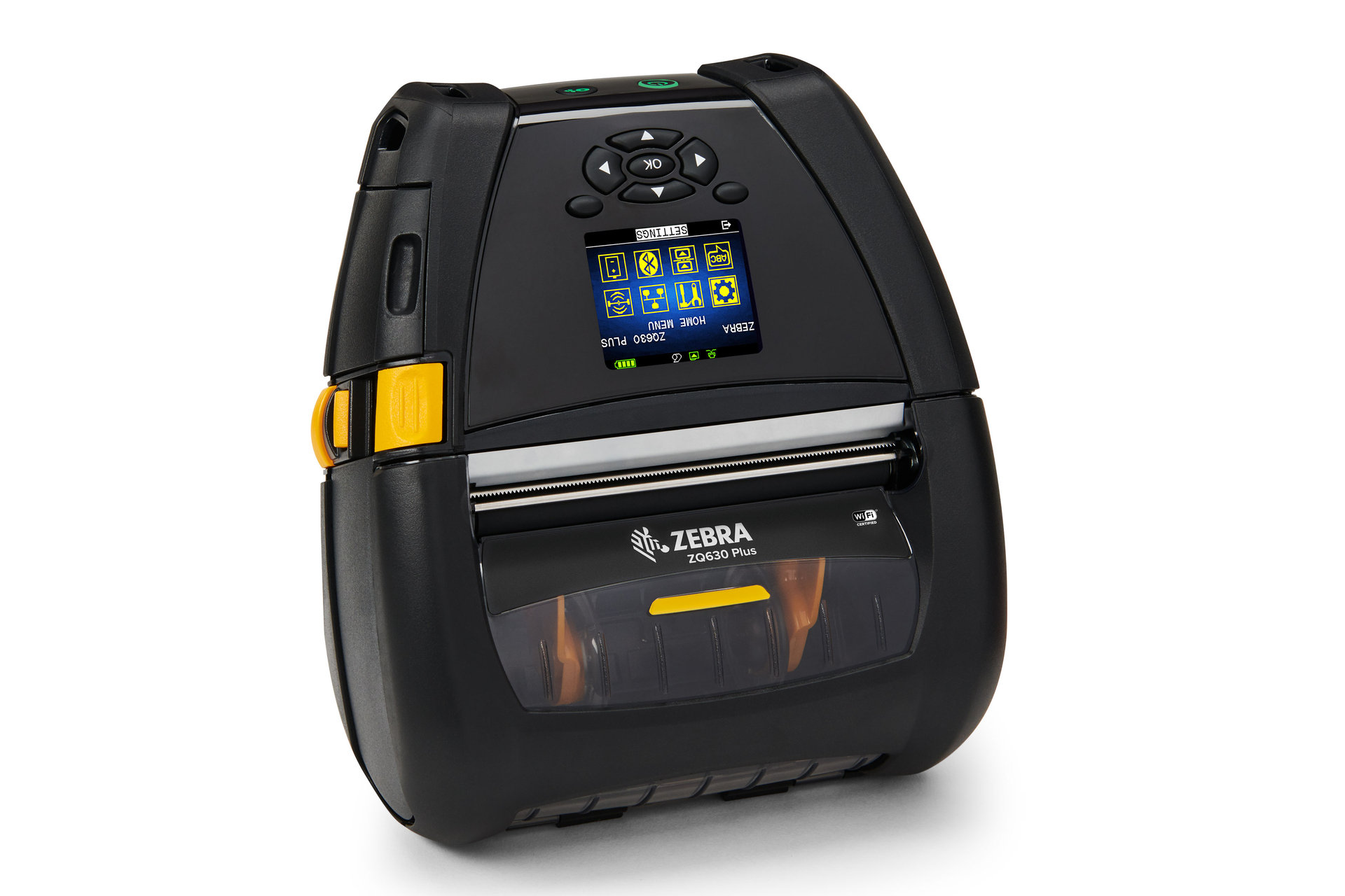 A Zebra ZQ630 Plus seen from the front three-quarter, showing the yellow media latch and the clear media window.