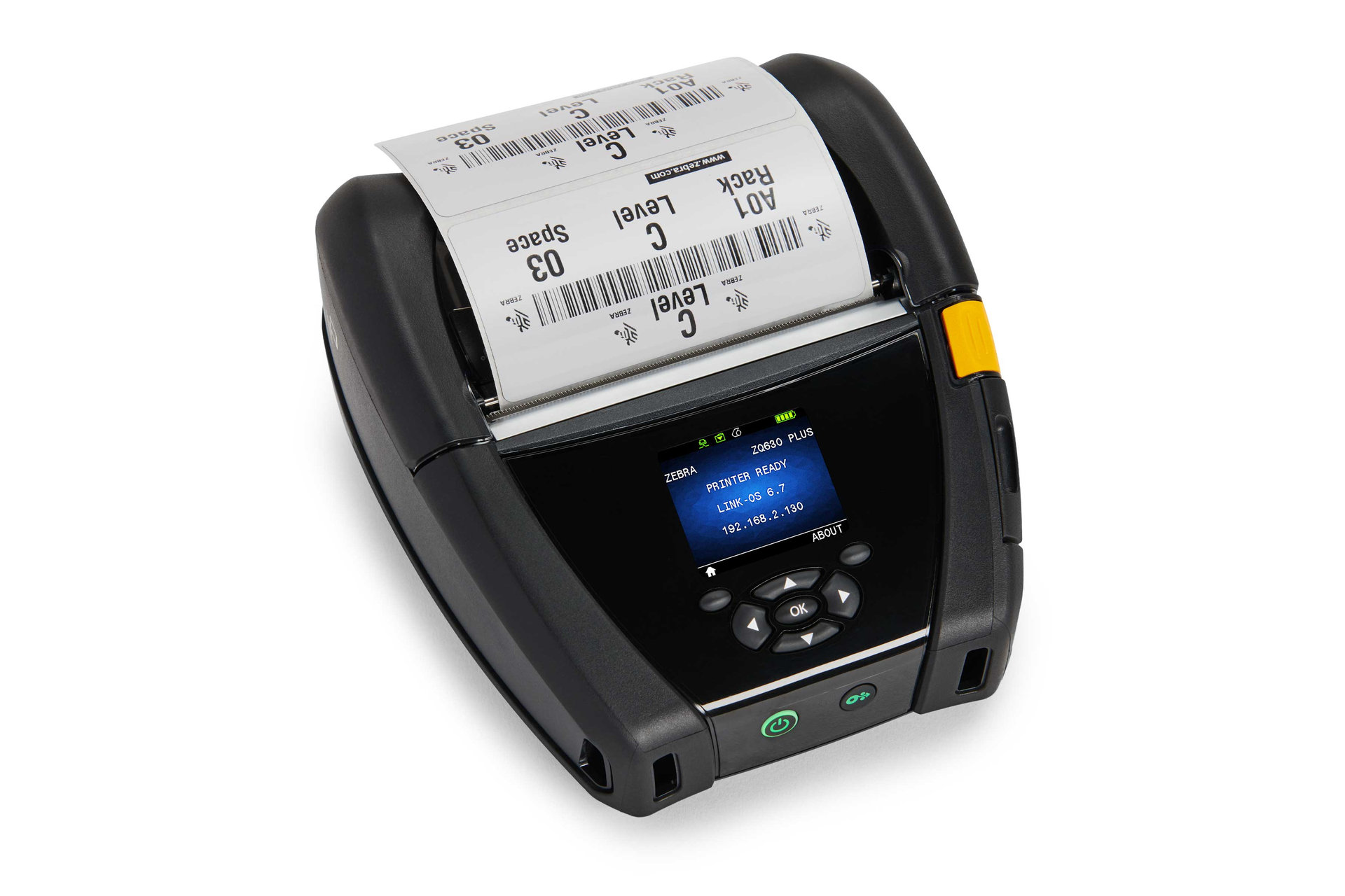 A Zebra ZQ630 Plus mobile printer on a white background, its colour display reading PRINTER READY, printing rack location labels that read A01 Rack, Level C, Space 03 with a barcode under each line.