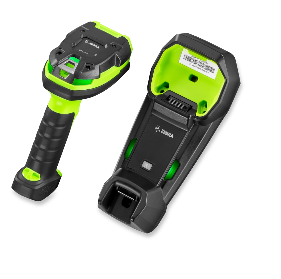 Zebra DS3678 scanner and FLB3678 cradle side by side, showing the underside of the cradle and its pairing barcode.