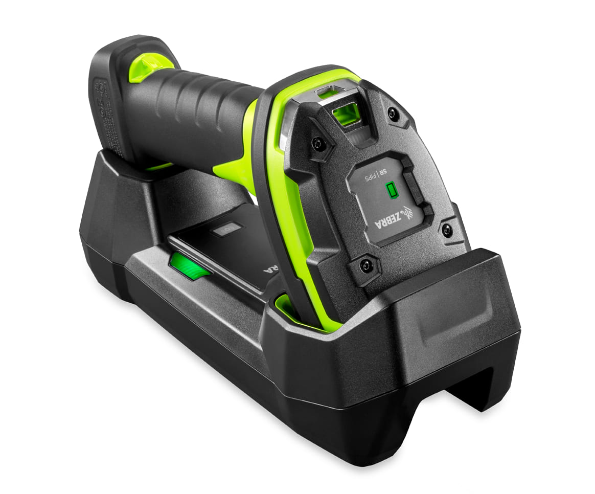 Zebra DS3678 scanner seated in the FLB3678 sealed forklift cradle, black with industrial green trim.