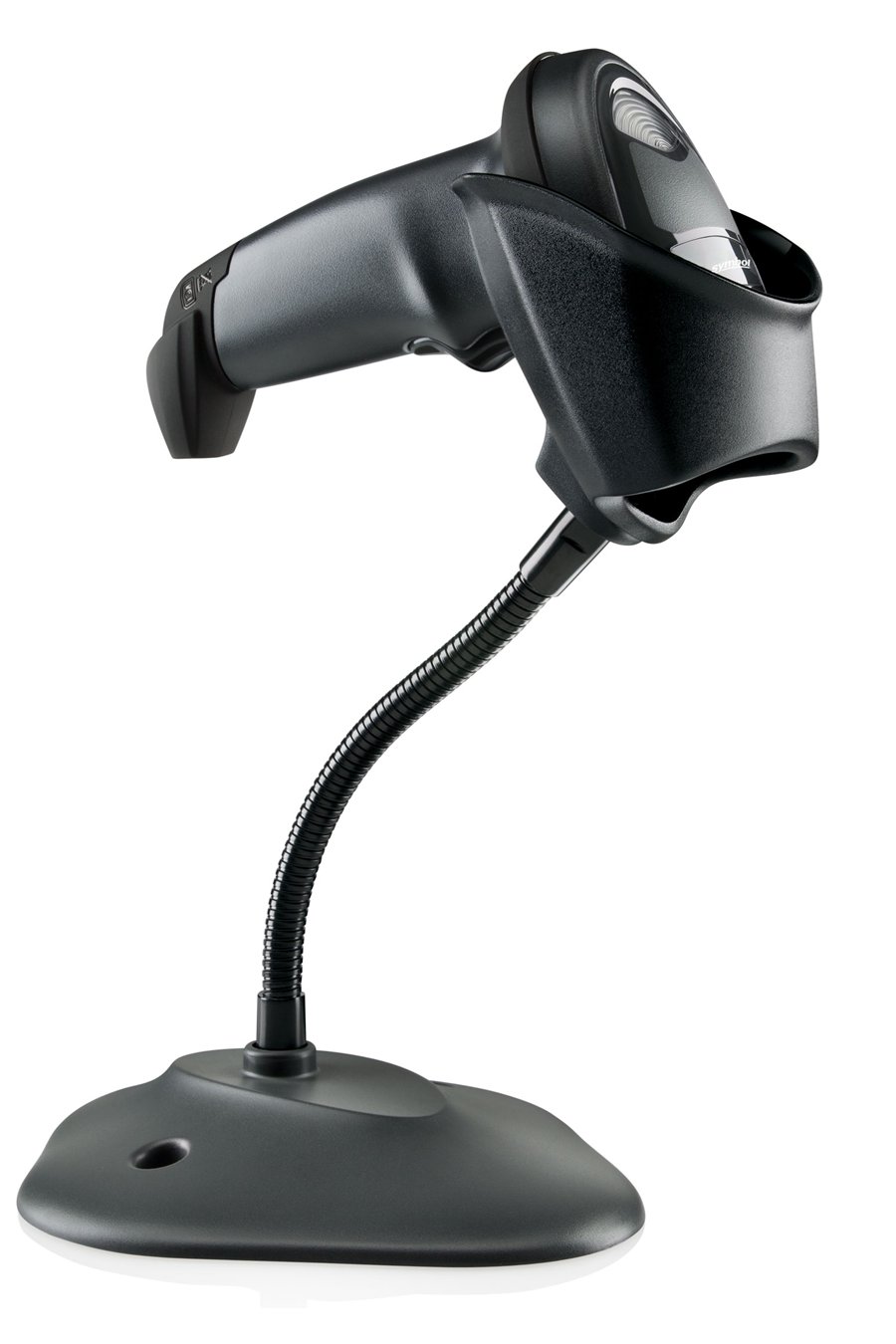 Zebra LI2208 corded linear imager barcode scanner in its stand, black.